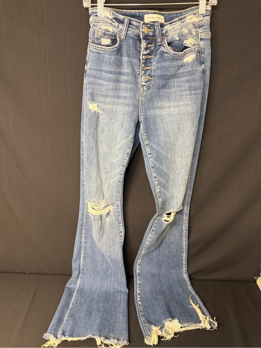 Flying Monkey Jeans Size 26 Distressed Flare Raw Hem Medium Wash Stretch Denim